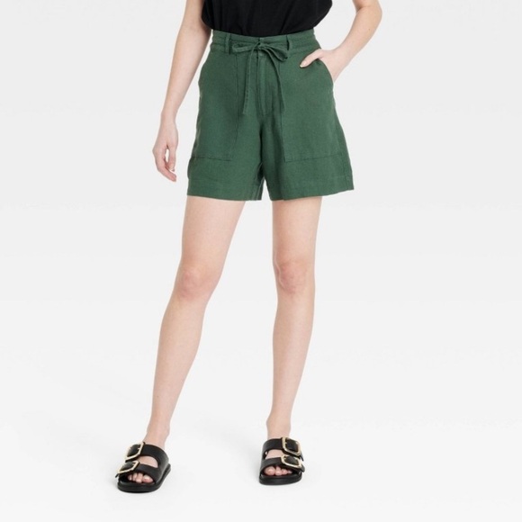 High-Rise Tie-Waist Linen Trouser Shorts Dark Green Relaxed Fit, Bermuda Length - Picture 1 of 7